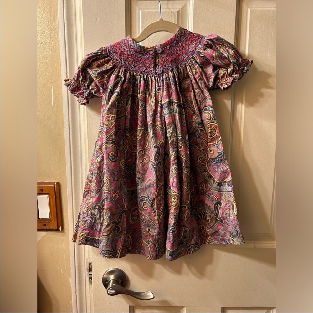 Nola Smocked Baby Dress - 12M Pink & Blue Paisley Smocked Puff Sleeve